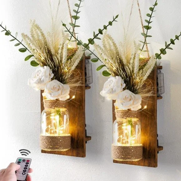 New 2Pack Mason Jar Sconce Wall Decor Rustic LED Fairy Lights Spring Flowers